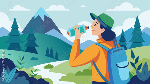 A woman is drinking water while hiking in the mountains. The scene is peaceful and serene, with the mountains in the background and the woman enjoying the outdoors
