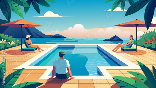 A man and two women are relaxing by a pool with umbrellas. Scene is peaceful and relaxing
