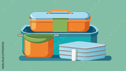 A blue and orange container with a green tag sits on top of a stack of other containers. The containers are all different sizes and colors, and they appear to be for storing food