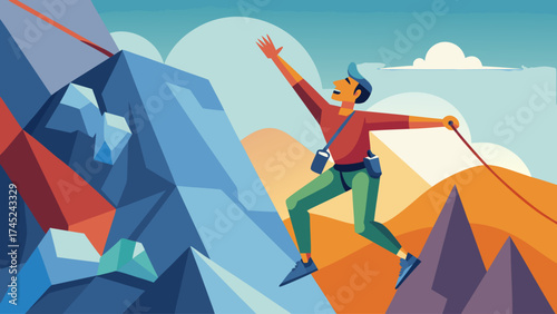 A man is climbing a mountain with a rope. He is smiling and he is enjoying the climb