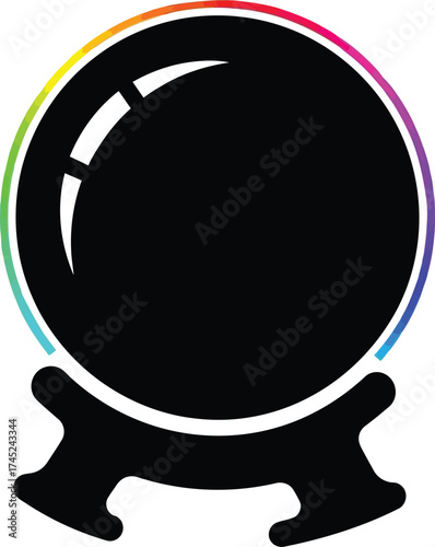 Black silhouette of a magical crystal ball or fortune teller's sphere on a stand, featuring a bright, colorful, rainbow gradient border for a modern, mystical, and vibrant icon and logo design.