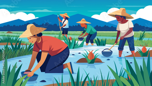 A group of people working together in a field, with a blue sky in the background. The people are wearing straw hats and are engaged in various tasks, such as digging and planting