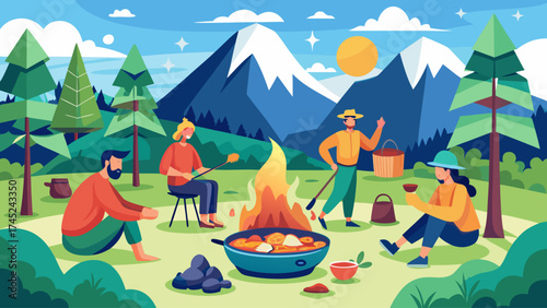 A group of people are gathered around a campfire in the woods. They are sitting on chairs and benches, and some are holding utensils. The atmosphere is warm and inviting