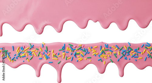 Pink icing drips with sprinkles isolated on transparent background