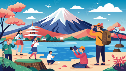 A group of people are enjoying a day at the beach, with a man taking a picture of the beautiful mountain in the background