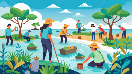 A group of people are working in a field with a woman wearing a straw hat. The scene is lively and full of energy