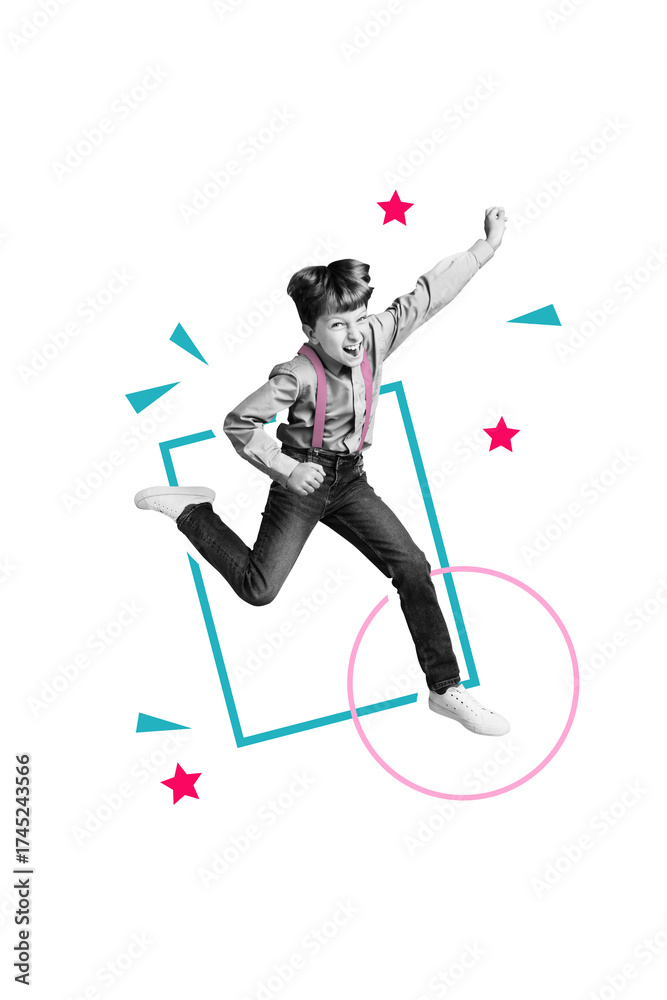 Fototapeta premium Vertical composite collage image picture of overjoyed boy jump raise fist isolated on creative background