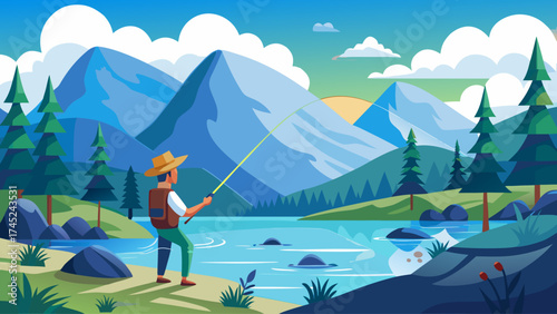 A man is fishing in a lake surrounded by mountains. The scene is peaceful and serene, with the man enjoying the outdoors and the beauty of nature
