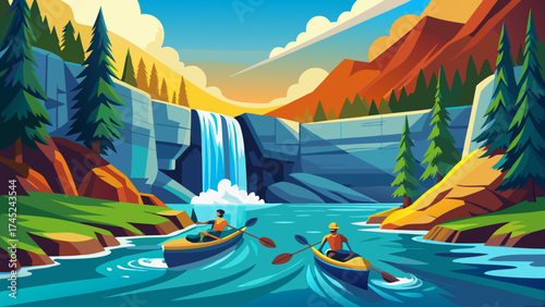 Two people are paddling a canoe down a river. The scene is peaceful and serene, with the water flowing gently and the trees lining the banks. The two people seem to be enjoying their time together