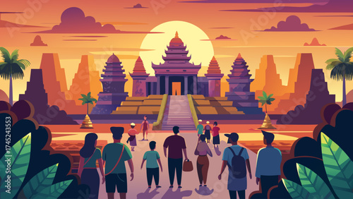 A group of people are walking in front of a large building. The scene is set in a tropical location with palm trees in the background. Scene is relaxed and leisurely