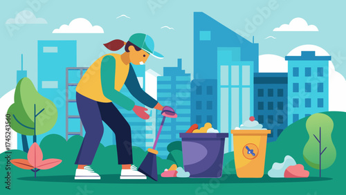 A woman is cleaning up trash in a park. She is wearing a yellow vest and a green hat. The park is surrounded by tall buildings, and there are several trash cans scattered throughout the area