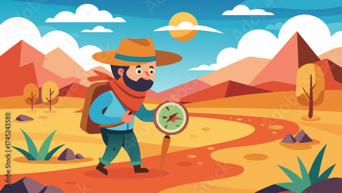 A man wearing a hat and a bandana is walking down a path with a compass in his hand. He is on a journey or an adventure, possibly exploring the wilderness or trying to find his way