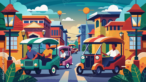 A colorful city street with people riding on tuk-tuks. Scene is lively and bustling