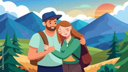A man and woman hug in a mountain landscape. The man is wearing a blue shirt and a hat, and the woman is wearing a green shirt and a backpack. Concept of warmth and love between the couple