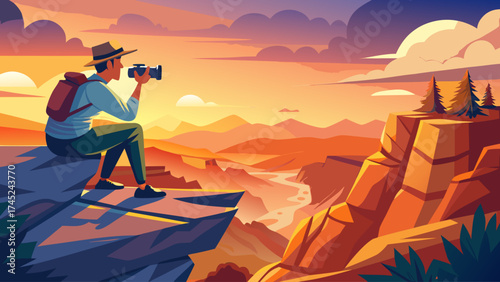 A man is taking a picture of a beautiful landscape. The sky is orange and the mountains are in the background