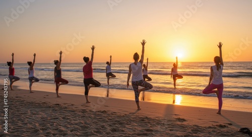 Fototapeta Naklejka Na Ścianę i Meble -  Group of women practicing yoga on the beach at sunset, enjoying the peaceful moment