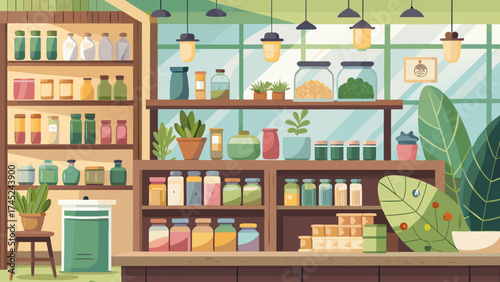 A store with many shelves and a potted plant. The store is filled with many different types of jars and bottles
