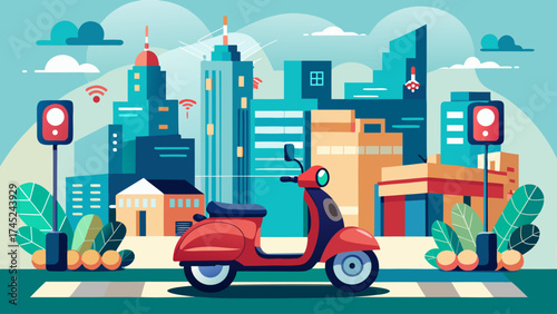 A red scooter is parked on the sidewalk in front of a building. The cityscape in the background is filled with tall buildings and a few trees. Concept of urban life and the hustle