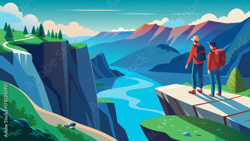 Two men are standing on a cliff overlooking a river. They are wearing backpacks and seem to be enjoying the view