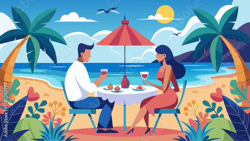 A man and woman are sitting at a table on a beach, enjoying a meal together. The woman is wearing a red dress and the man is wearing a white shirt. They are both drinking wine and eating food