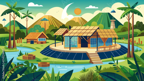 A lush green landscape with a house and a river. The house is surrounded by trees and has a roof. The river is flowing through the area, and there are mountains in the background