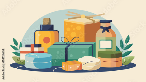 A colorful assortment of beauty products, including a green box, are displayed on a table. Concept of abundance and variety, inviting the viewer to explore the different options available