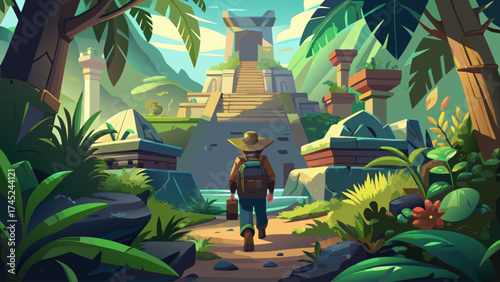 A man is walking through a jungle with a backpack. The scene is full of lush greenery and exotic plants. The man is on a journey, possibly exploring the jungle or searching for something