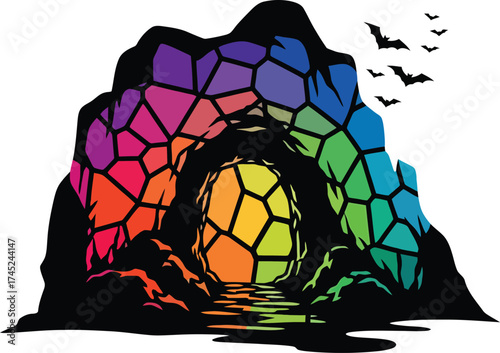 Mystical black silhouette of a cave or grotto entrance with a glowing, colorful, abstract geometric rock formation and a swarm of flying bats for a fantasy, adventure, or halloween vector design.
