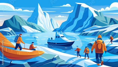 A group of people are walking near a body of water, with a boat in the distance. The scene is set in a cold, snowy environment, with mountains in the background. Scene is adventurous and exciting
