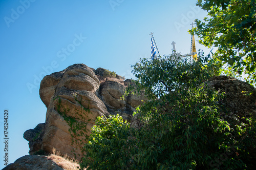 Natural rock formations with forested slopes