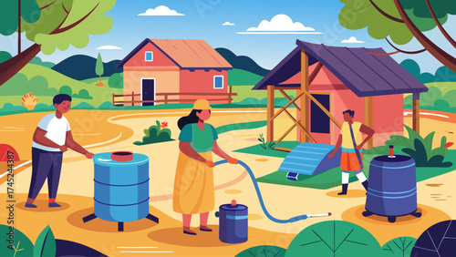 A group of people are working together to fill up barrels with water. The scene is set in a rural area with houses and trees in the background. The people are using a hose to fill the barrels