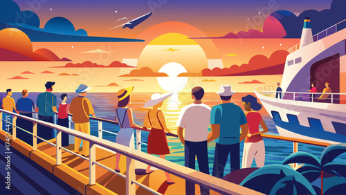 A group of people are standing on a pier watching a sunset. The sky is filled with clouds and the sun is setting in the distance. The people are wearing hats and carrying handbags