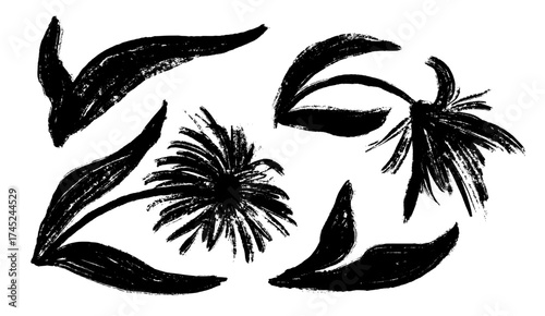 Ink hand drawn wild flowers set. Abstract plants art in charcoal or crayon drawing style. Grunge black elements