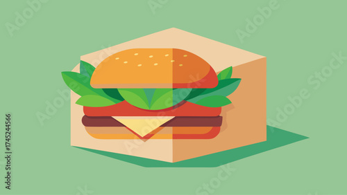 A cartoon of a hamburger with lettuce and tomato on top. The hamburger is sitting on a box