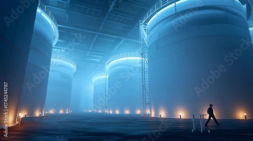 Industrial storage tanks in futuristic blue light