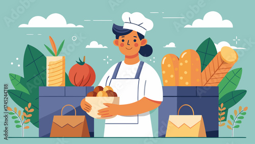 A woman in a chef's hat is holding a bowl of food and standing in front of a box of bread