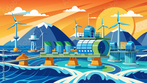 A drawing of a futuristic city with a large windmill in the middle. The sky is orange and the water is blue