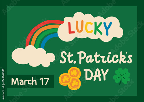 Bright Irish holiday poster with colorful rainbow, golden coins, clovers and festive lucky lettering for March 17