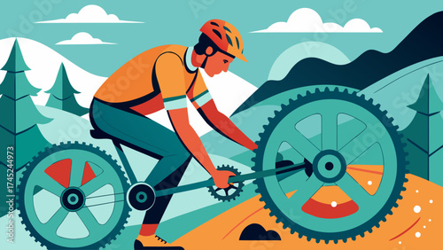 A man is fixing a bicycle chain. The image has a blue and green color scheme and a mountain in the background