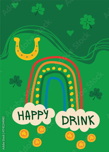 Bright cheerful holiday vector with clovers, rainbow arc and lucky horseshoe for festive Irish party on March 17