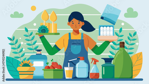 A woman is holding a tray with various cleaning supplies, including a bottle of Windex. The image has a bright and cheerful mood, with the woman standing in front of a green background