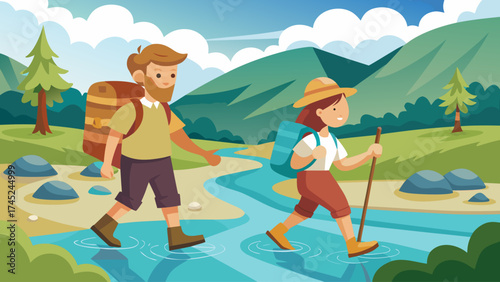 A man and a woman are walking along a river. The man is carrying a backpack and the woman is carrying a smaller one. They are both smiling and seem to be enjoying their time outdoors
