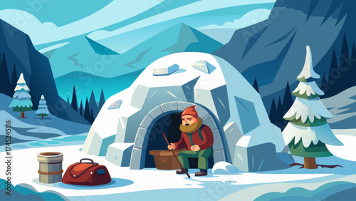 A man sits in a small igloo in the snow. He is wearing a red hat and a green jacket. The igloo is made of ice and snow. The man is holding a stick and he is working on something
