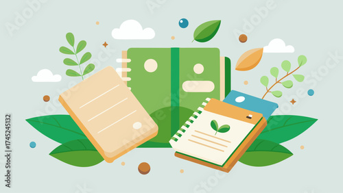 A book, a notebook and a leaflet are shown in a green leafy background. The book is open to a page with a leaflet on top of it