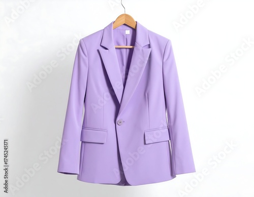 Lilac blazer on wooden hanger against white background