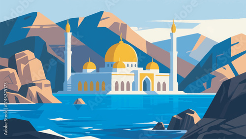 Illustration Of Sultan Qaboos Mosque With Golden Dome And Blue Sea Vector Design Template