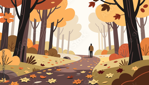 Person walking alone on a winding path through an autumnal forest with fallen leaves