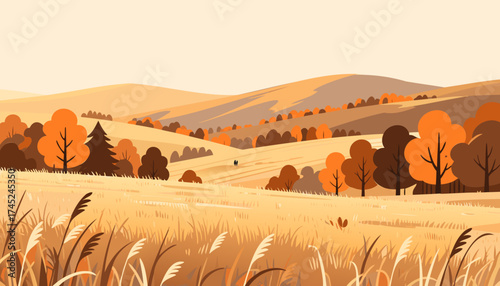 Autumn rural landscape with golden fields and rolling hills