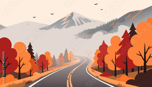 Winding mountain road through an autumn forest landscape