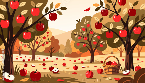Autumn apple orchard harvest with fruit on the ground